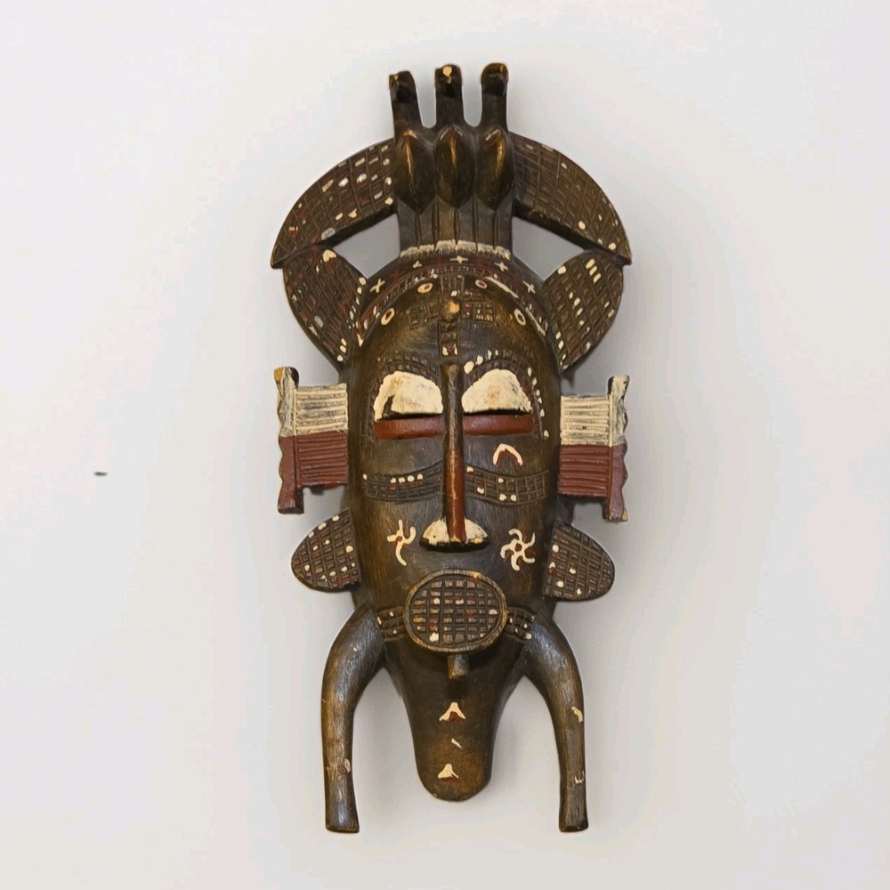 Senufo Kpelie 17" Vintage African Carved Wood Mask Cote d'Ivoire Triple Bird